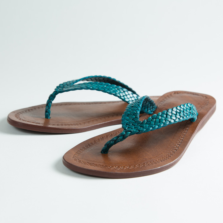 Tongs cuir femmes <br>tresse bleu turquoise (002)