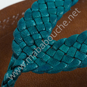 Tongs cuir femmes <br>tresse bleu turquoise (002)