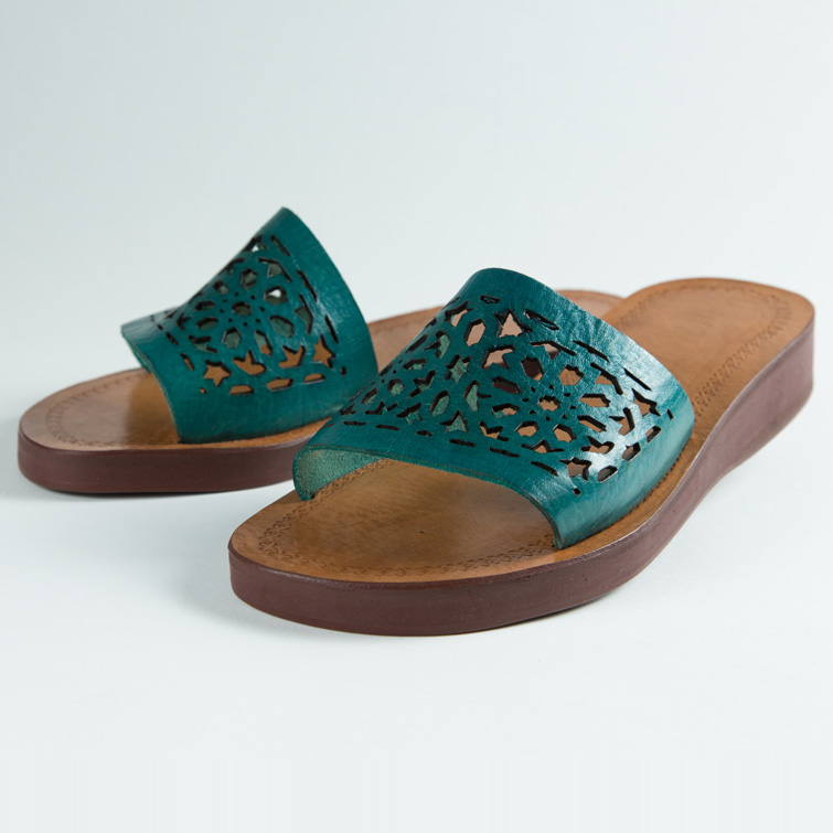 Mules cuir femmes <br>arabesque bleu turquoise (030)