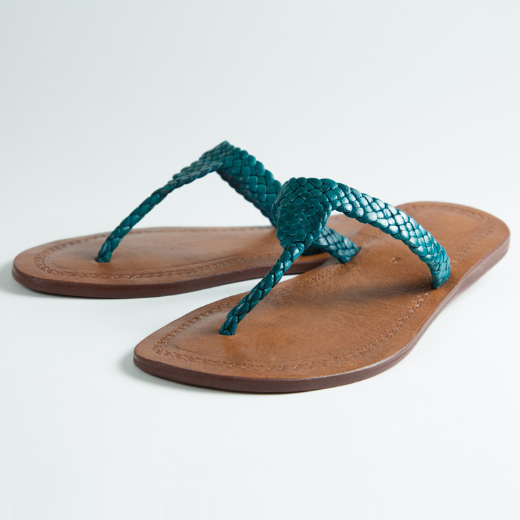 Tongs cuir femmes <br>tresse cobra bleu turquoise (043)