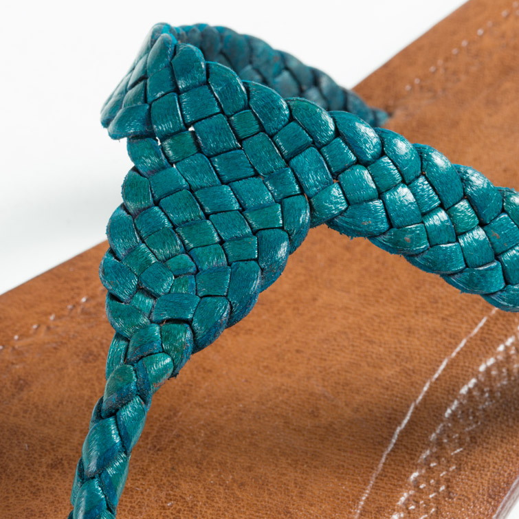 Tongs cuir femmes <br>tresse cobra bleu turquoise (043)