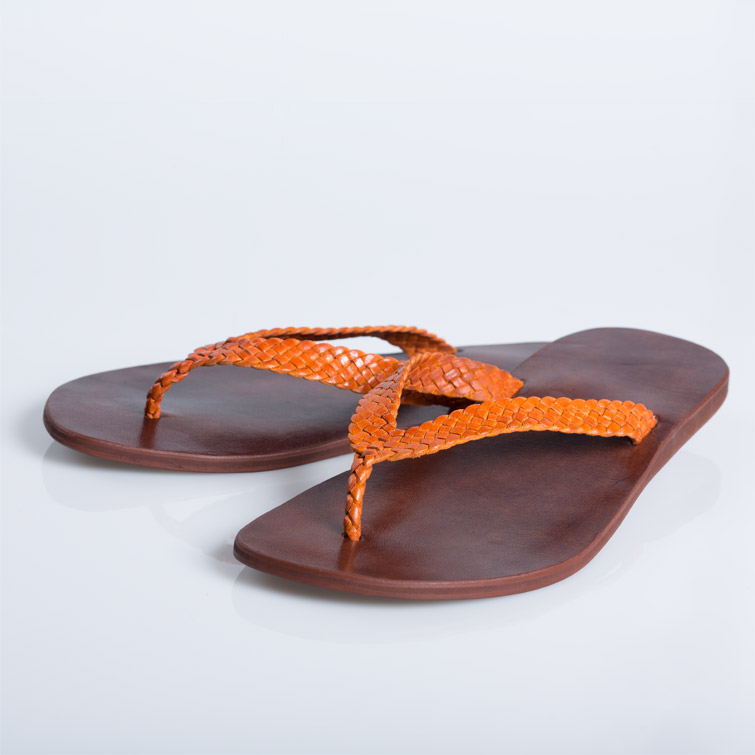 Tongs cuir hommes <br>tresse orange (h002)